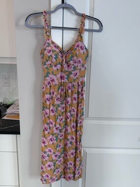 AUW Pink/Yel Floral Sundress Tie Front Ruched Strap Midi Dress Boho Cottagecore